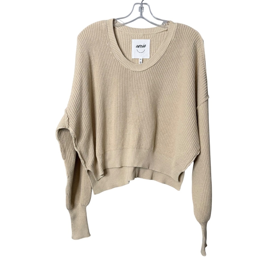 Aerie Sweater Women XXS Beige Cotton Shaker Knit Batwing Sleeve Scoop Neck